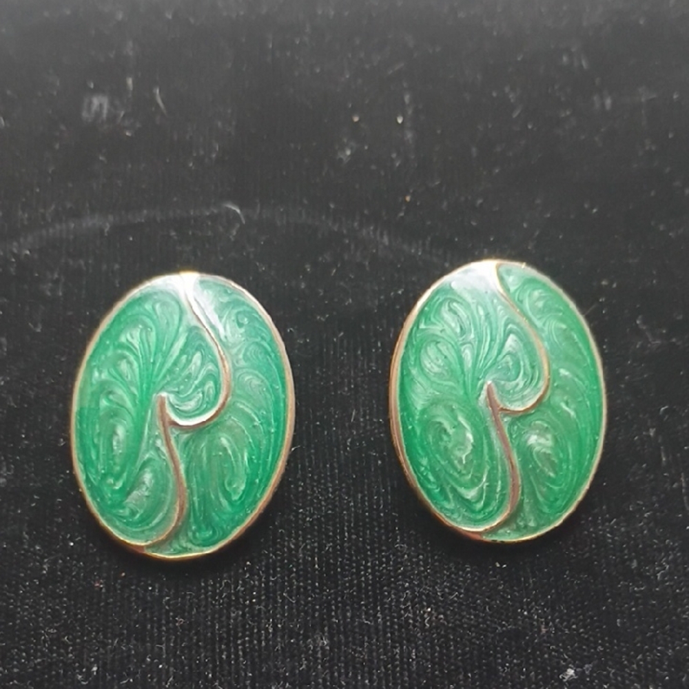 Vintage Green And Gold Tone Enamel Earrings